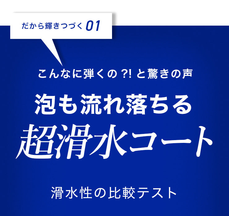 だから輝きつづく01 こんなに弾くの?!と驚きの声 泡も流れ落ちる超滑水コート 滑水性の比較テスト