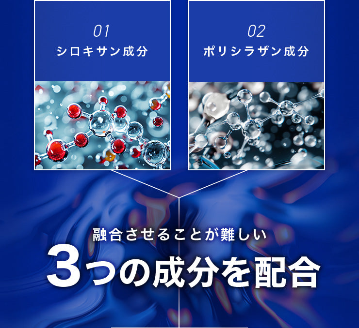01 シロキサン成分 02 ポリシラザン成分 融合させることが難しい3つの成分を配合