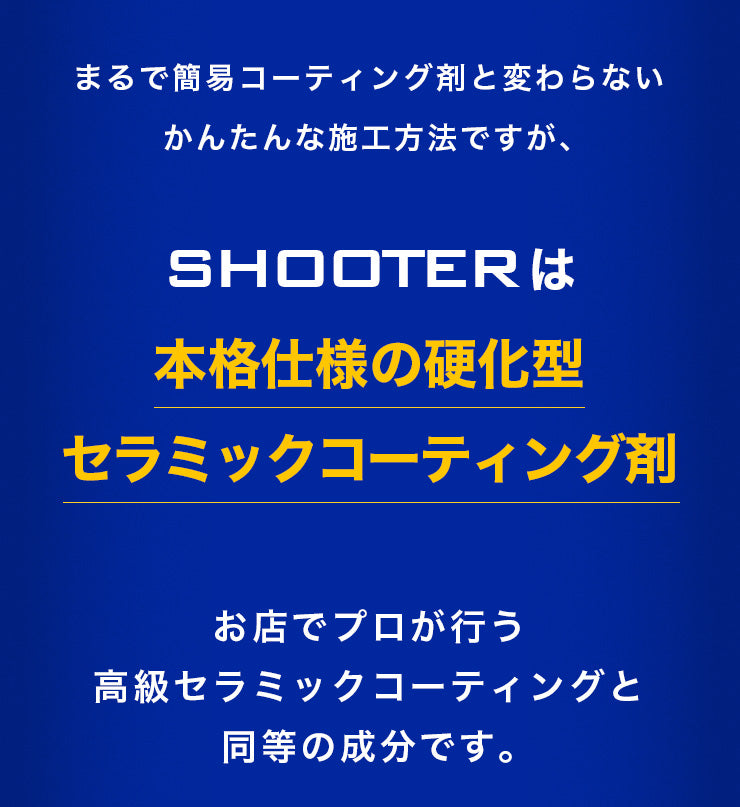 まるで簡易コーティング剤と変わらないかんたんな施工方法ですが、SHOOTERは本格仕様の硬化型 セラミックコーティング剤 お店でプロが行う高級セラミックコーティングと同等の成分です。
